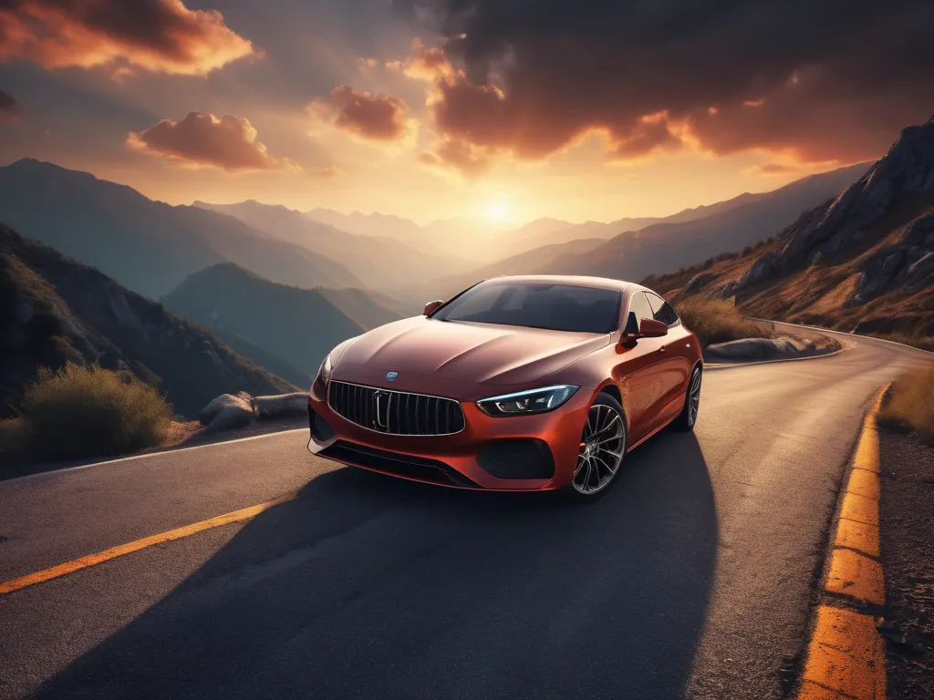 Car on mountain road at sunset