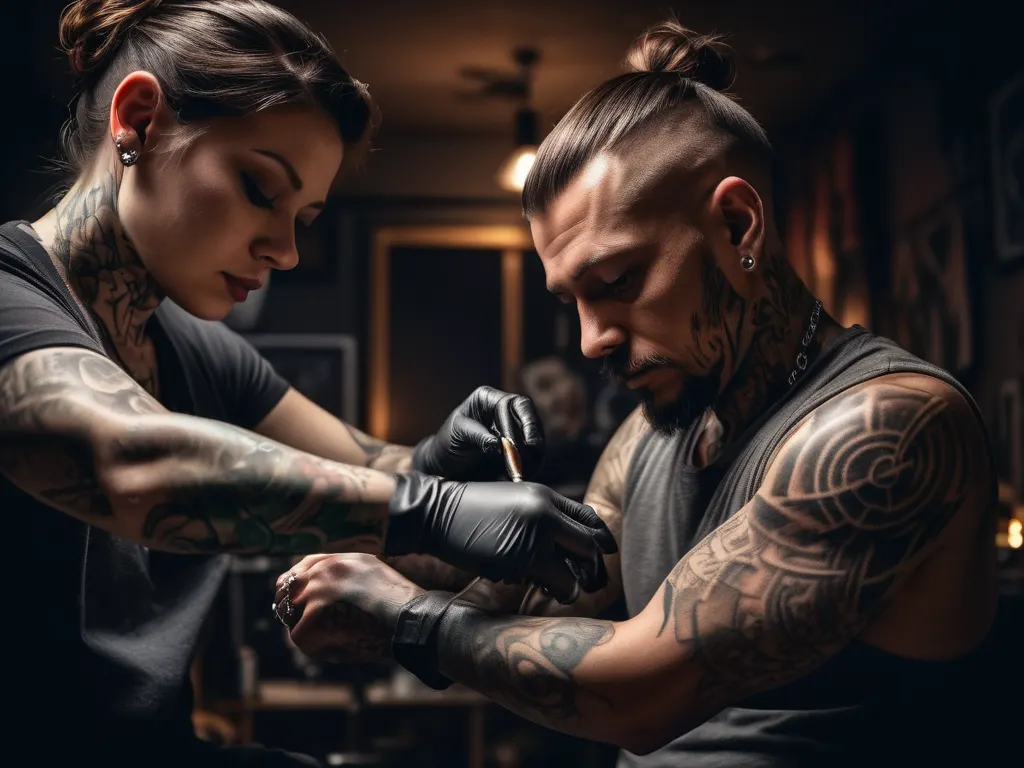 Tattoo artist working in a dimly lit studio
