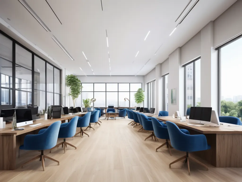 Open plan office with blue chairs