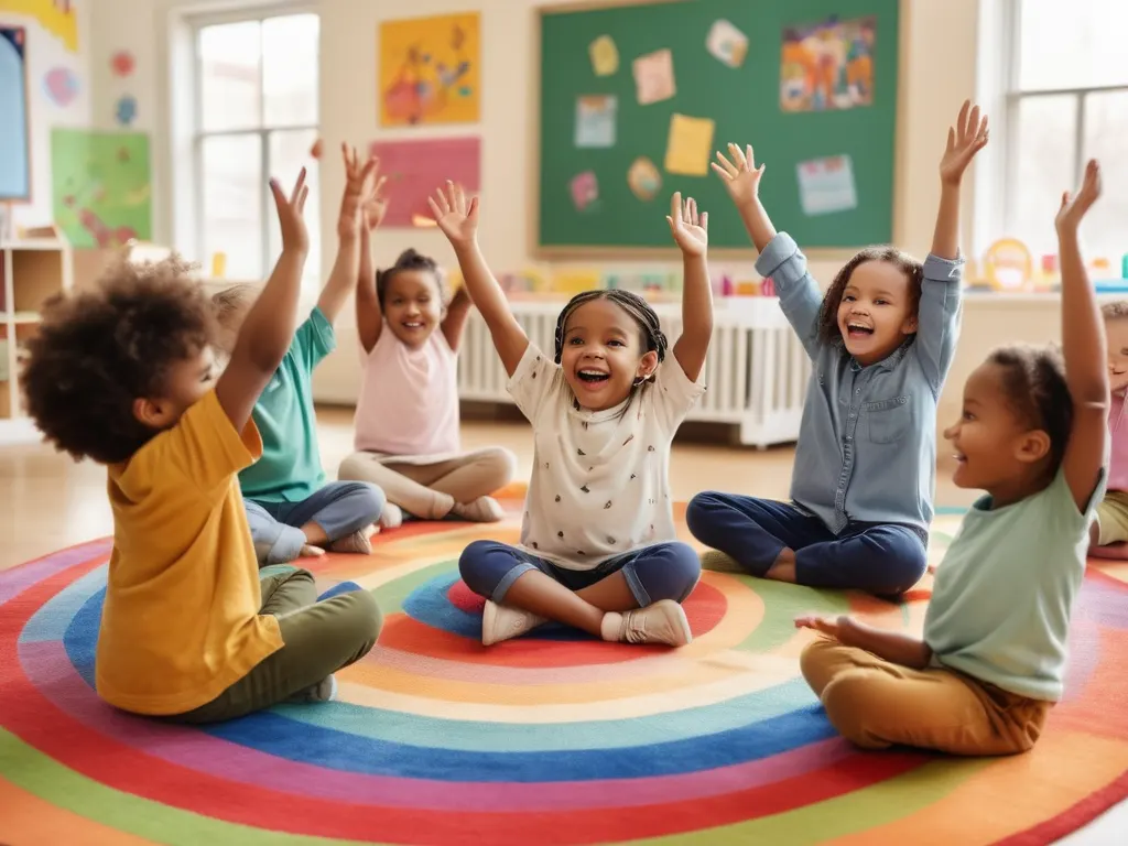 Happy children learning together in daycare classroom