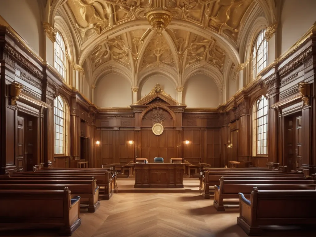 Grand ornate courtroom interior with golden architectural details