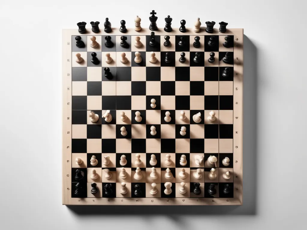 Chess board mid-game with dramatic piece arrangement