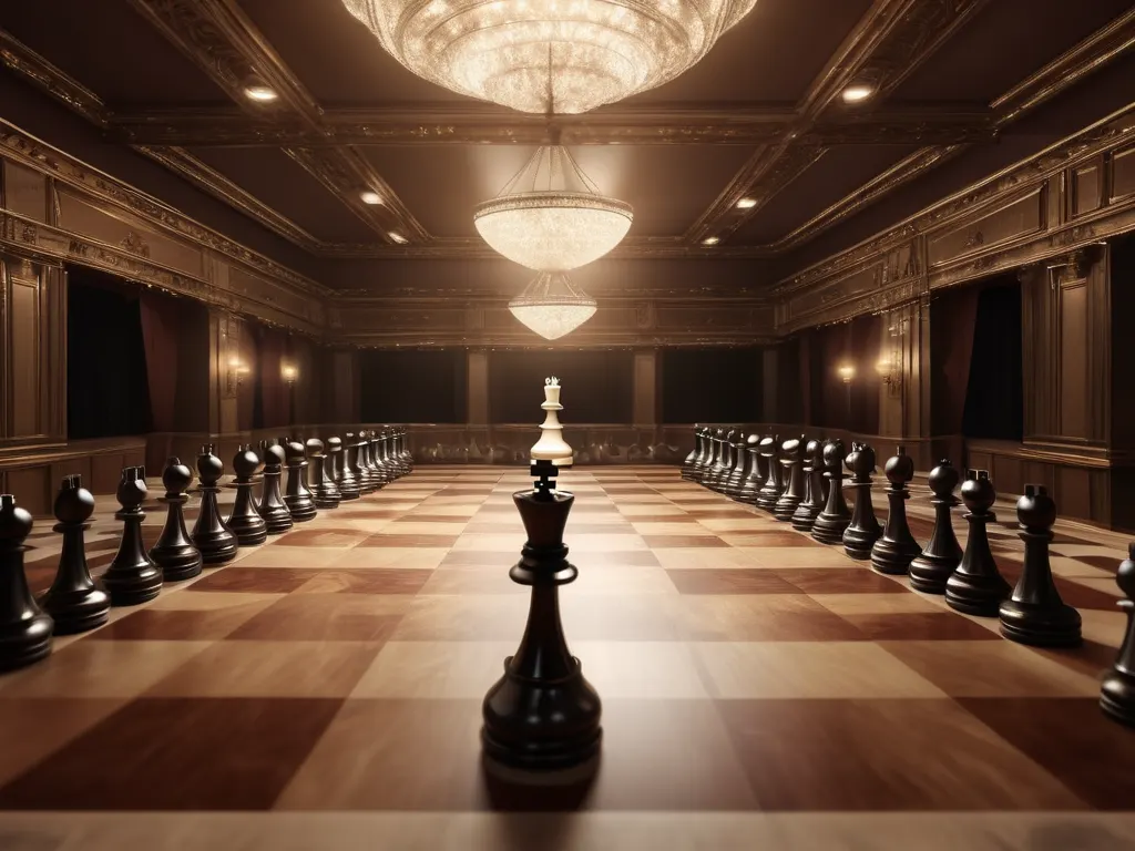 Grand chess tournament hall with players competing
