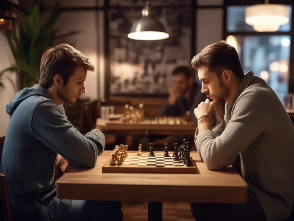 Casual chess game in a cozy cafe setting