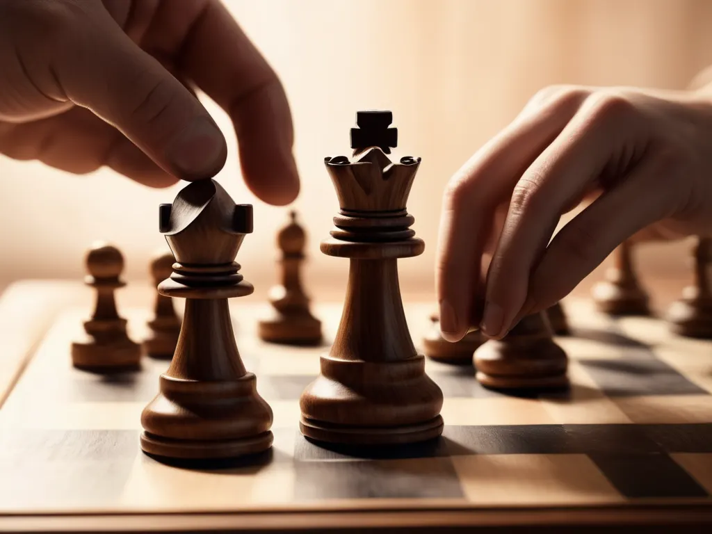 Hands moving chess piece on wooden board