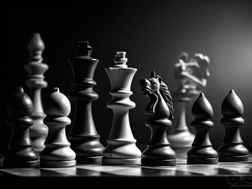 Artistic chess pieces arrangement with dramatic lighting