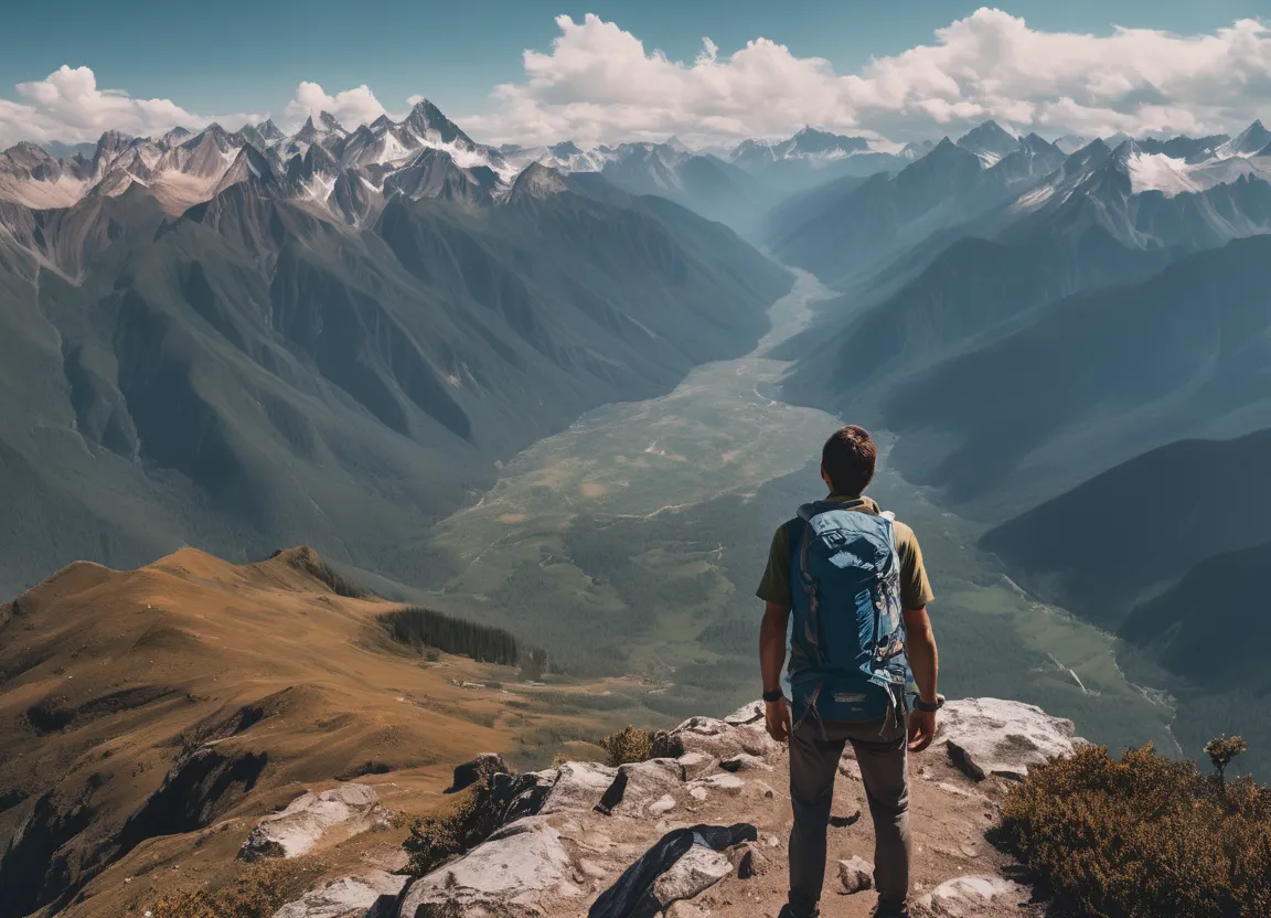 Backpacker looking at peak