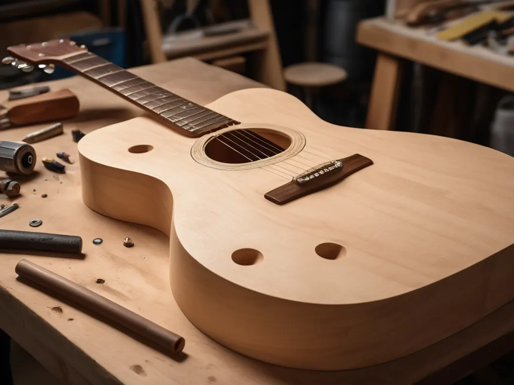 Handcrafted wooden guitar body on workbench