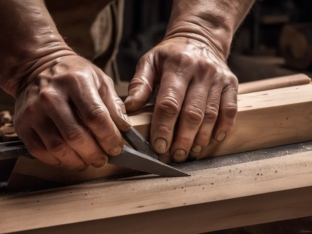 Hands working with wood and chisel tools