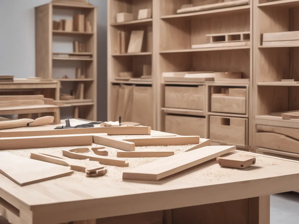 Wooden furniture assembly in workshop