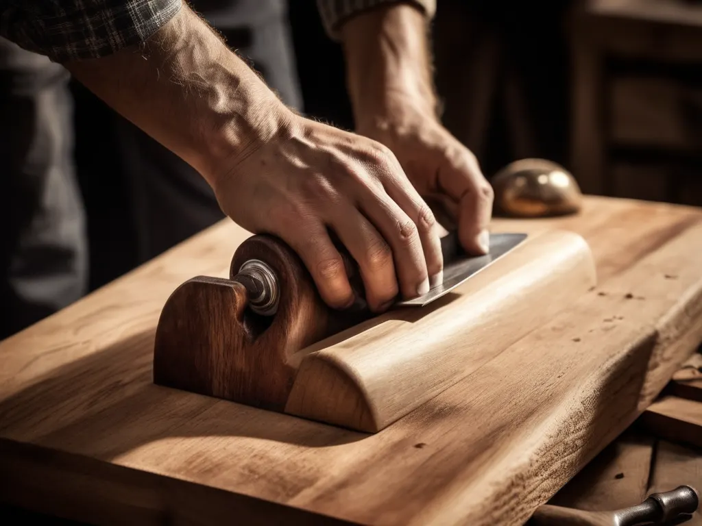 Carpenter using hand plane on wooden board