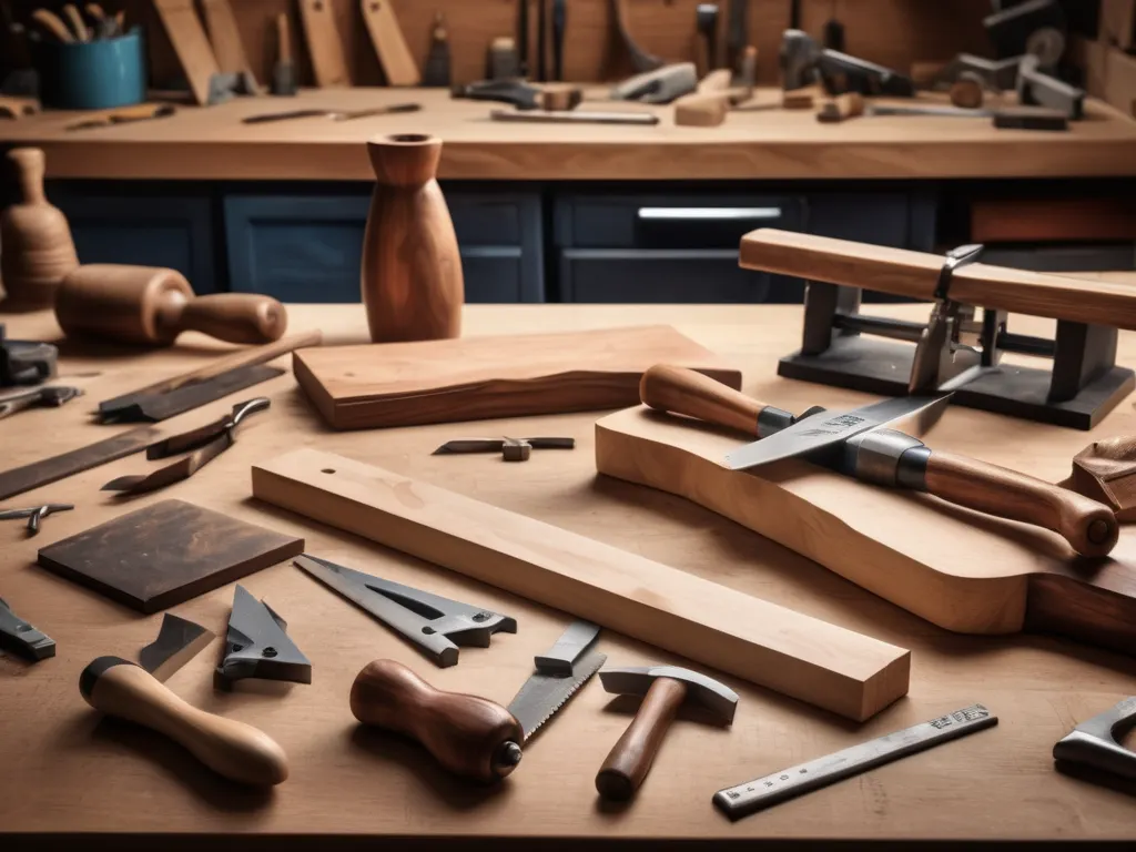 Essential woodworking tools on workbench