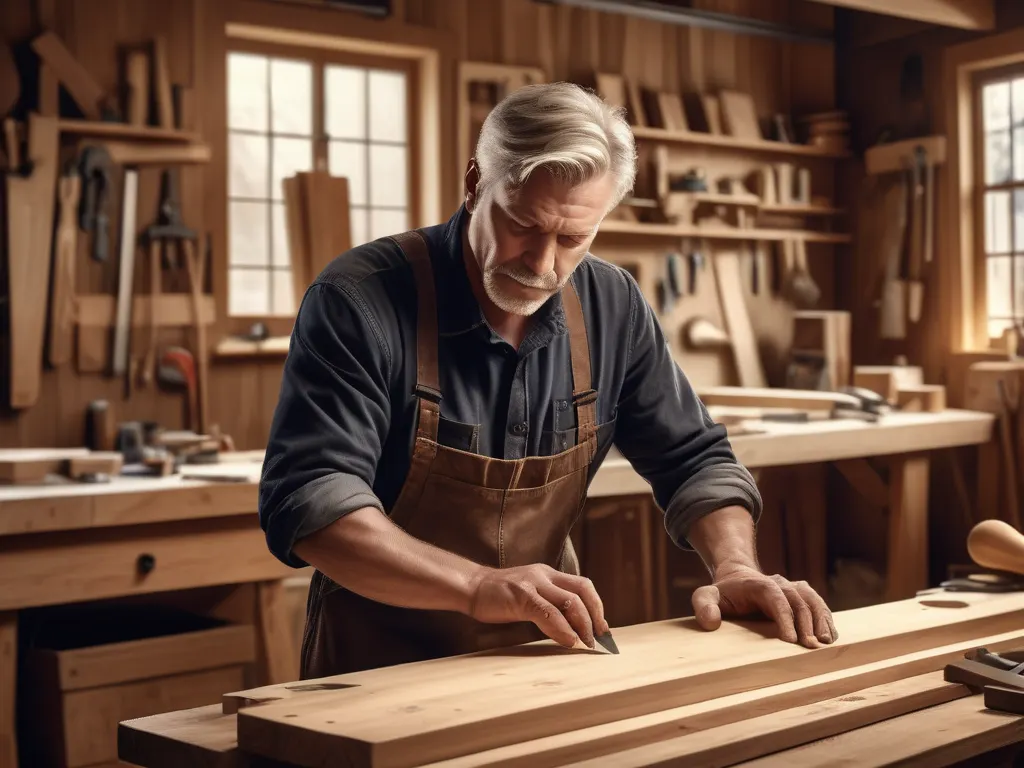 Woodworker crafting wood in workshop