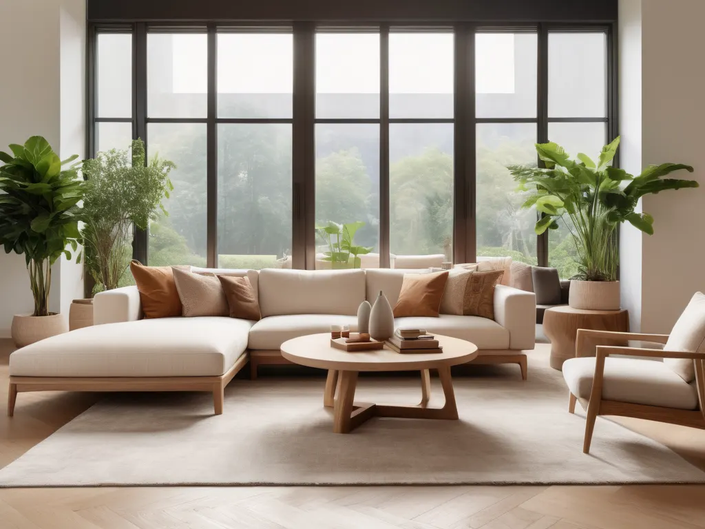 Modern living room with natural wood furniture