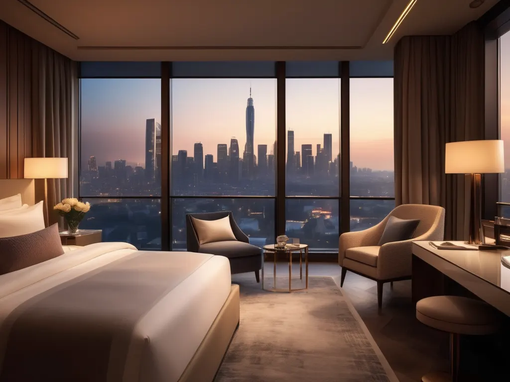 Luxury hotel suite with king bed and city view