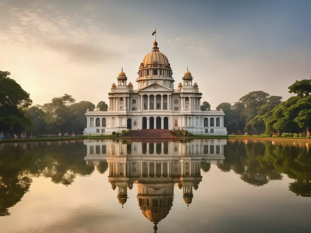 City landmark with lake reflection at golden hour