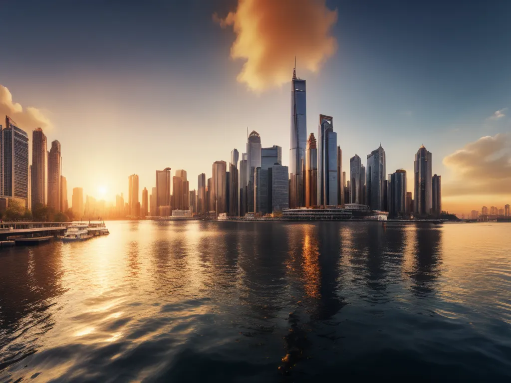 Modern city skyline at sunset