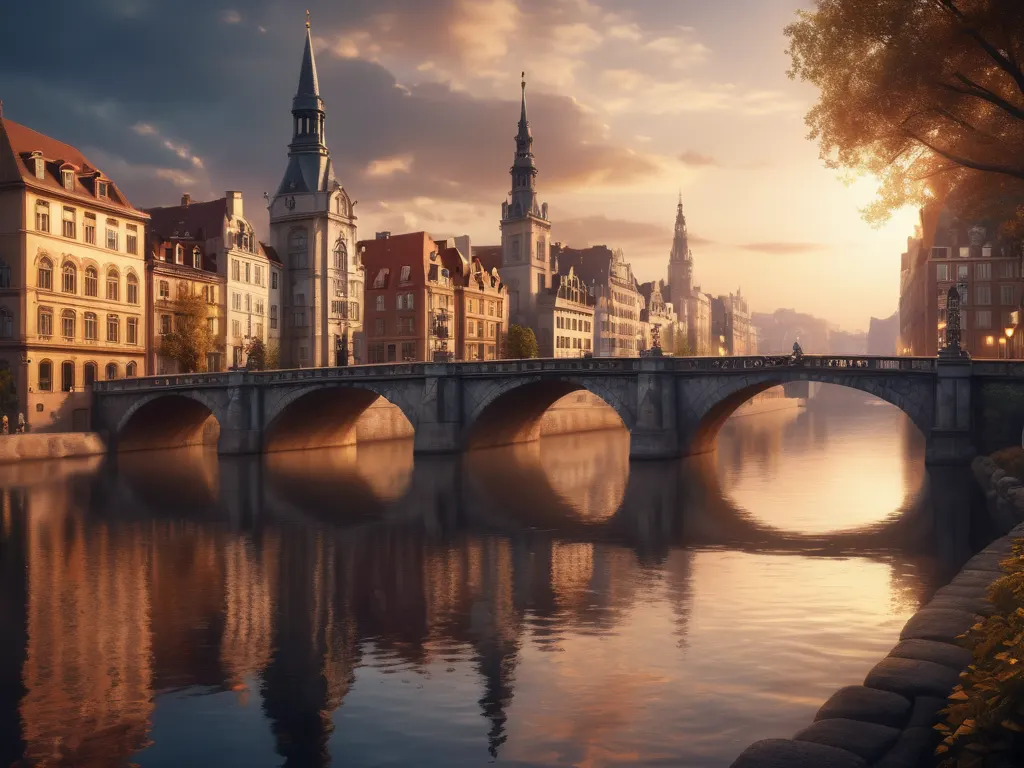 Historic European city with river and bridges