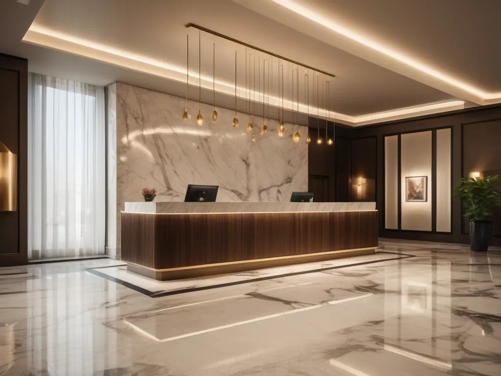 Luxury hotel reception lobby with guest checking in