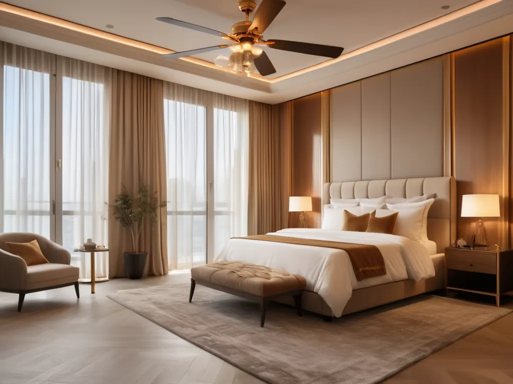 Luxurious hotel bedroom with king-size bed and warm lighting