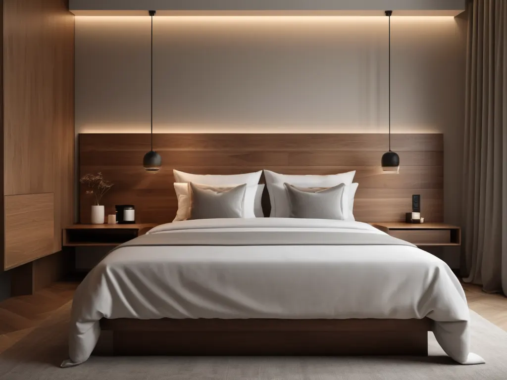 Modern minimalist hotel room with neutral tones