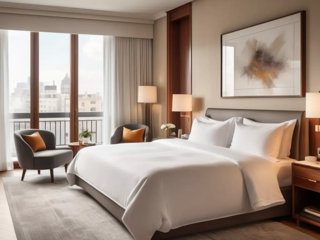 Bright hotel room with large windows and modern furniture