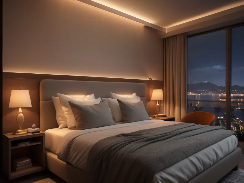 Cozy hotel bedroom at night with warm lighting