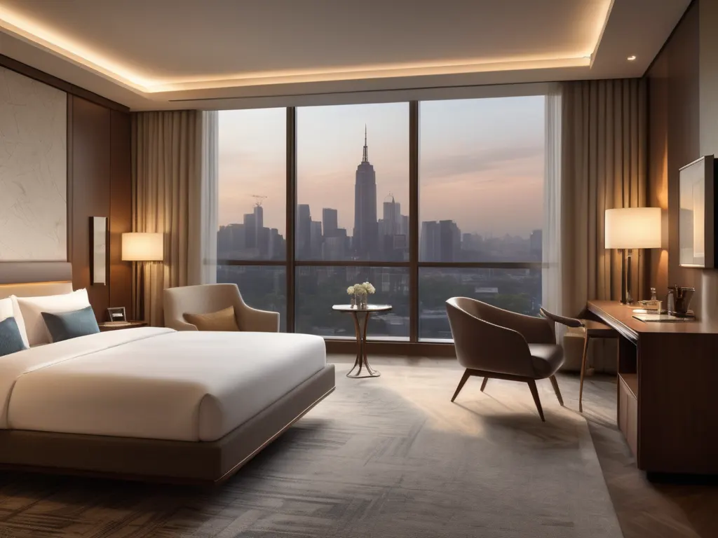 Spacious hotel room with floor-to-ceiling windows and city view