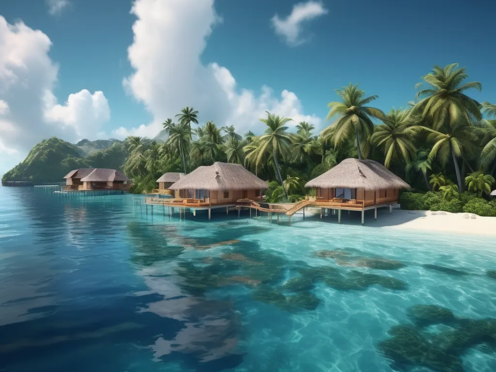 Beautiful tropical island resort with overwater bungalows