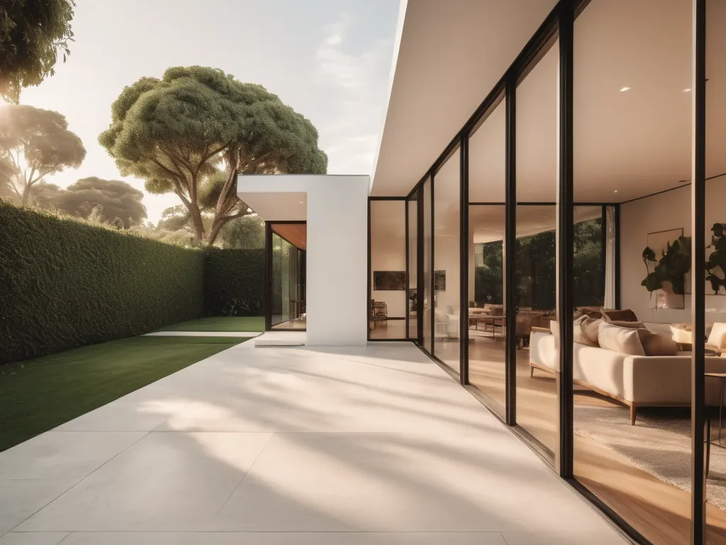 Modern minimalist house with glass windows and fig trees