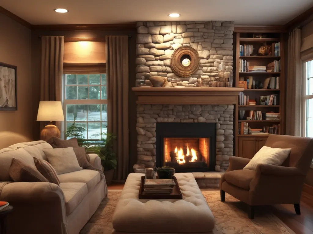 Living room with stone fireplace renovation