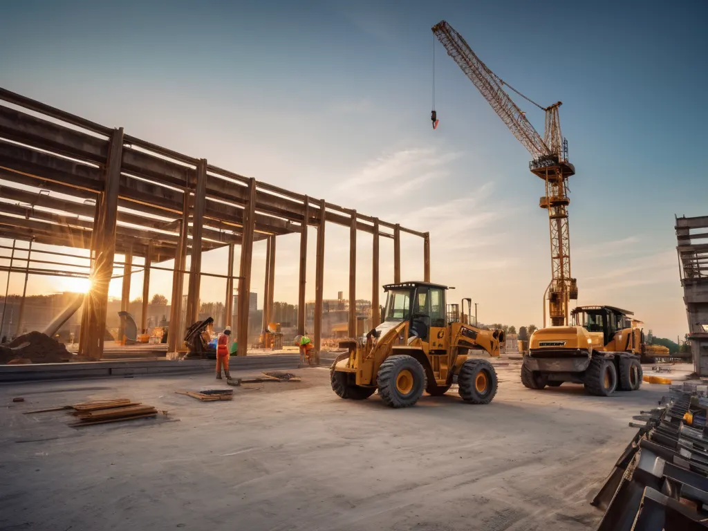 Construction site with workers and heavy machinery