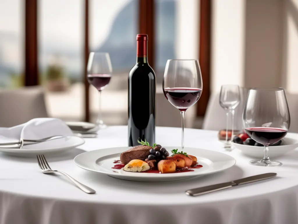 Fine dining table with wine and gourmet food