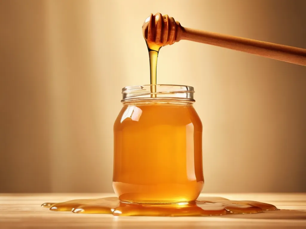 Golden honey dripping from a honey dipper