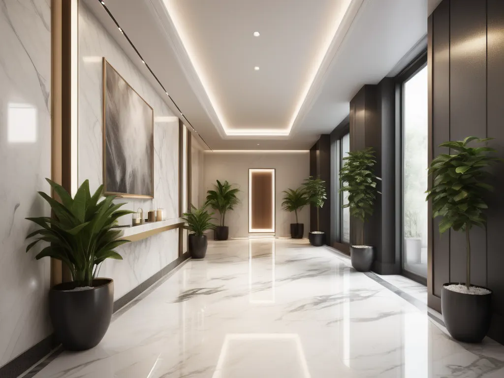 Elegant luxury spa corridor with marble floors