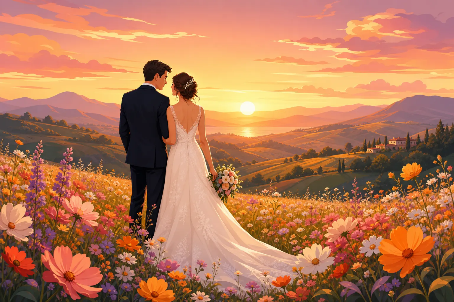 Beautiful vector landscape of bride and groom standing in flower field, sunset lights