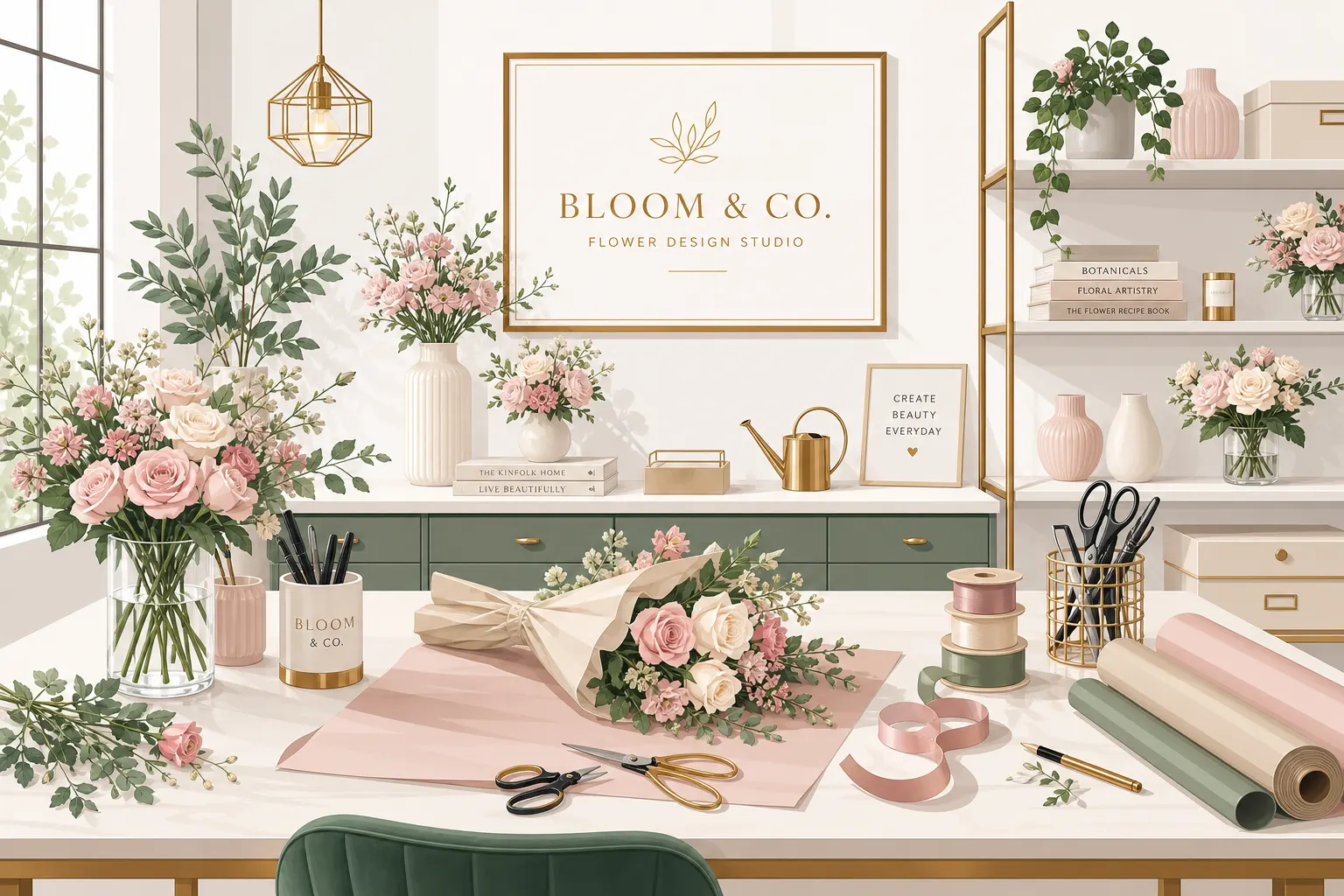 Vector drawing of flowers decoration setup workspace, elegant workspace