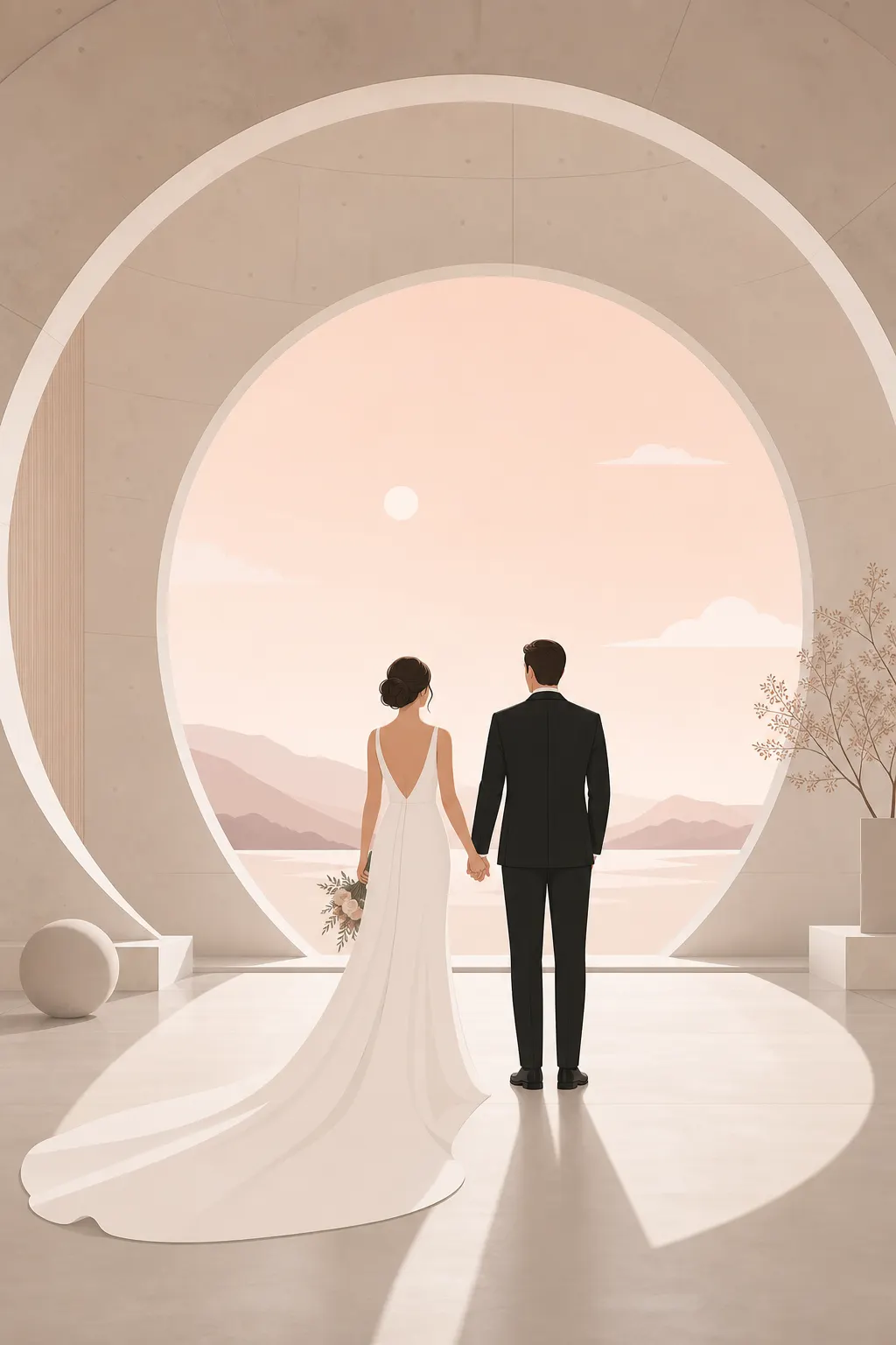 Beautiful wedding couple standing hand in hand inside a minimalist modern concrete architectural dome arch, looking out, minimalist vector illustration, pastel blush and cream tones, soft shadows