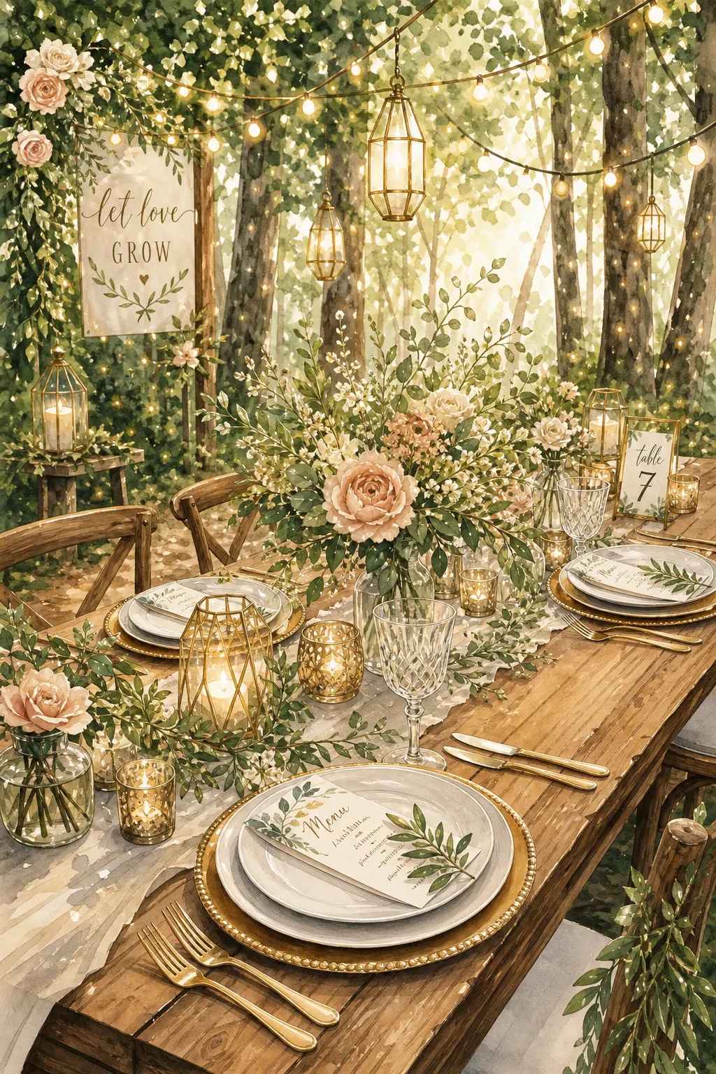 Beautiful rustic wedding table setting in a sunlit forest, bohemian decor, warm lights, golden elements, botanical watercolor style vector illustration