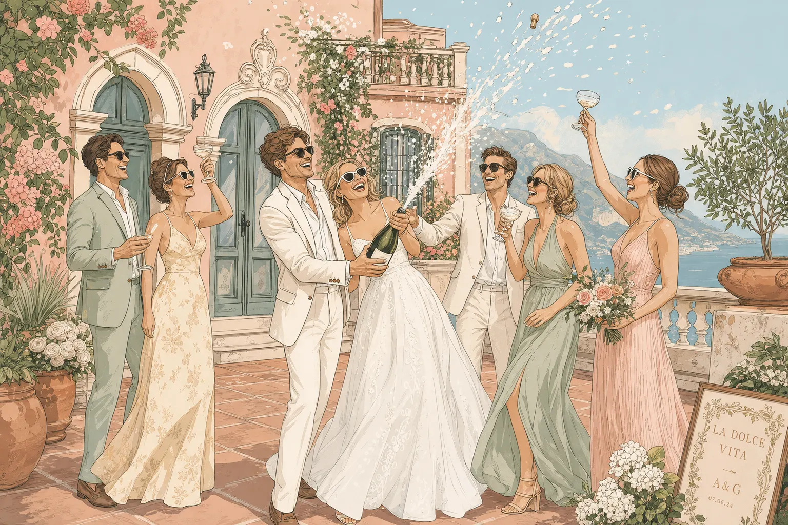 Hand-drawn vector of a bridal party popping champagne on a retro villa terrace, pastel styling, warm summer vibe