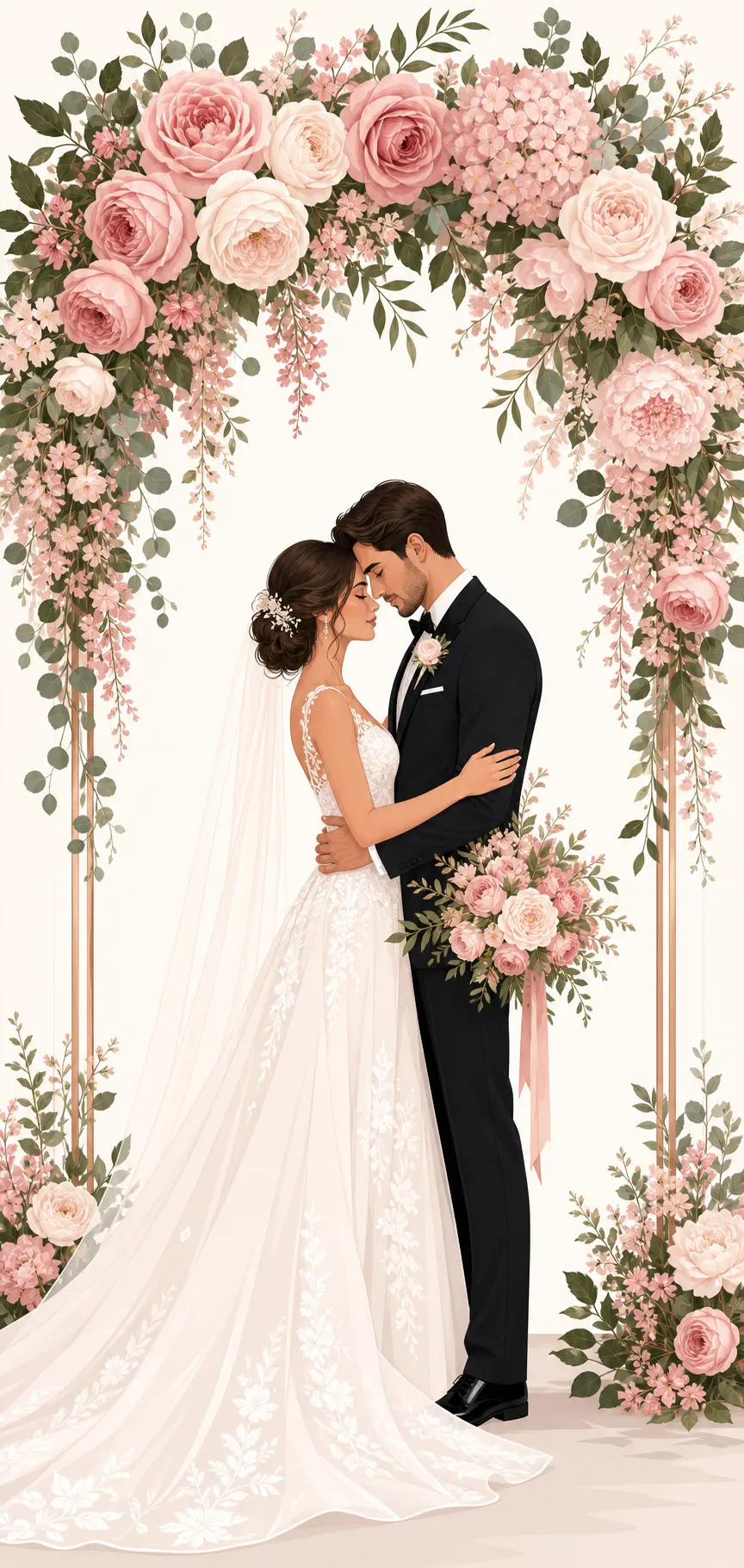 Elegant tall vector illustration of bride and groom embracing under a beautiful floral canopy, soft rose colors