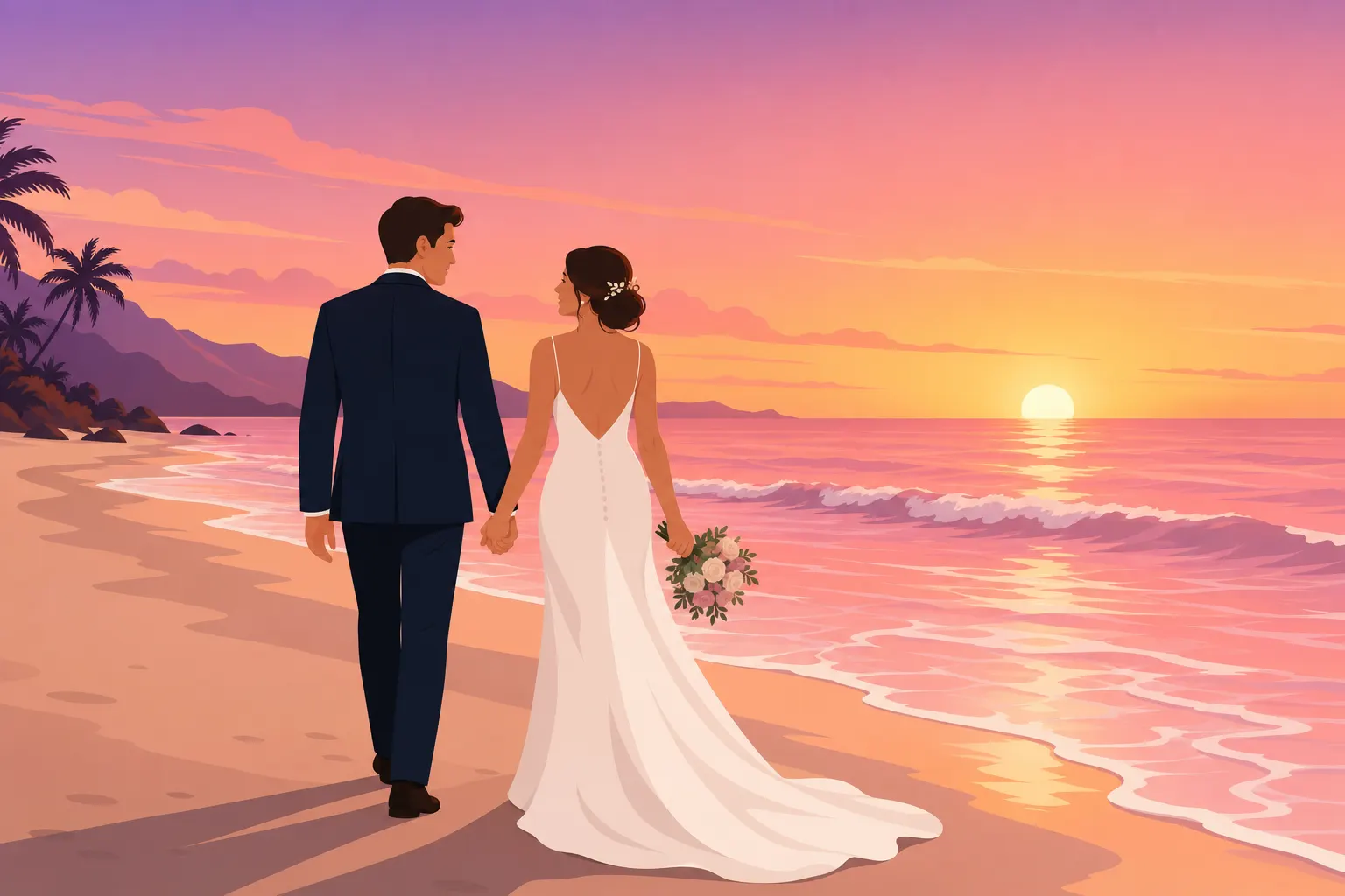 Vector drawing of bride and groom walking on the beach at sunset, pink ocean waves, flat design art