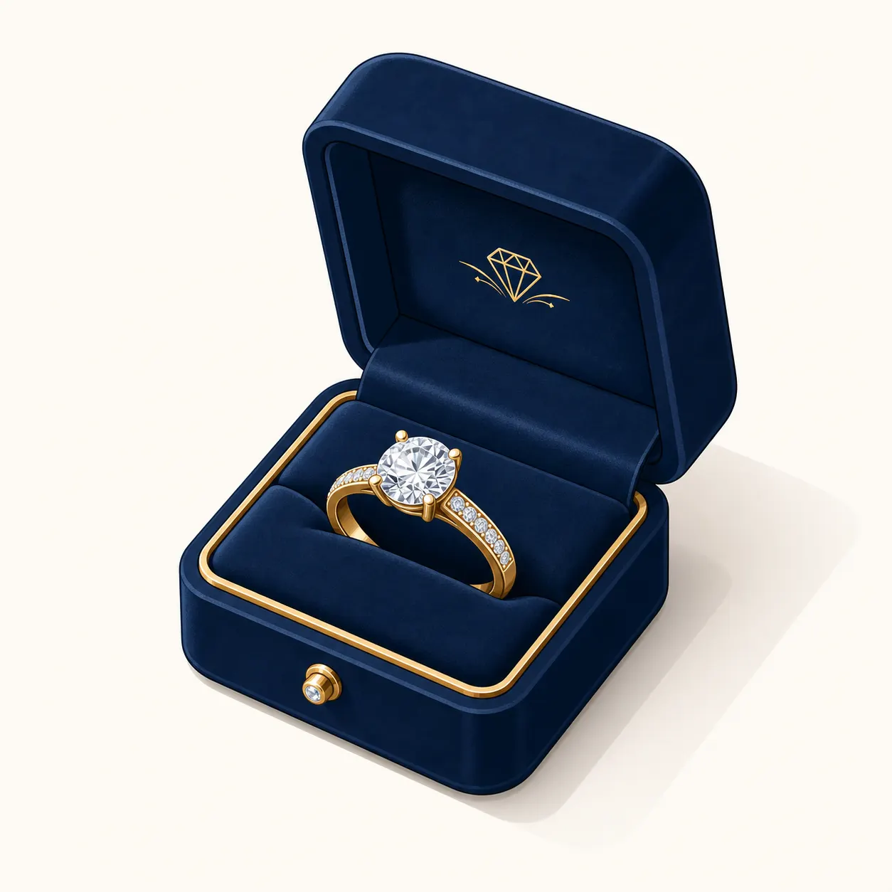 Luxury diamond wedding ring placed inside a velvet jewelry box, soft shadows, isometric vector illustration