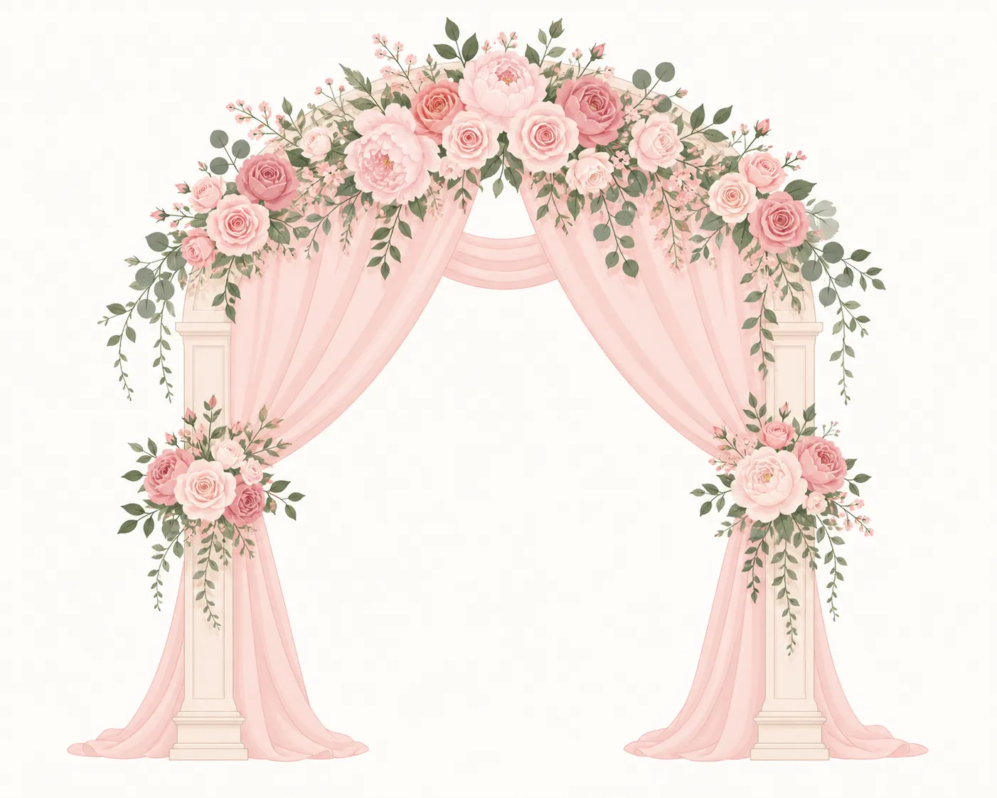 Elegant floral wedding arch illustration with pink curtains, flat vector drawing in rose pastel tone