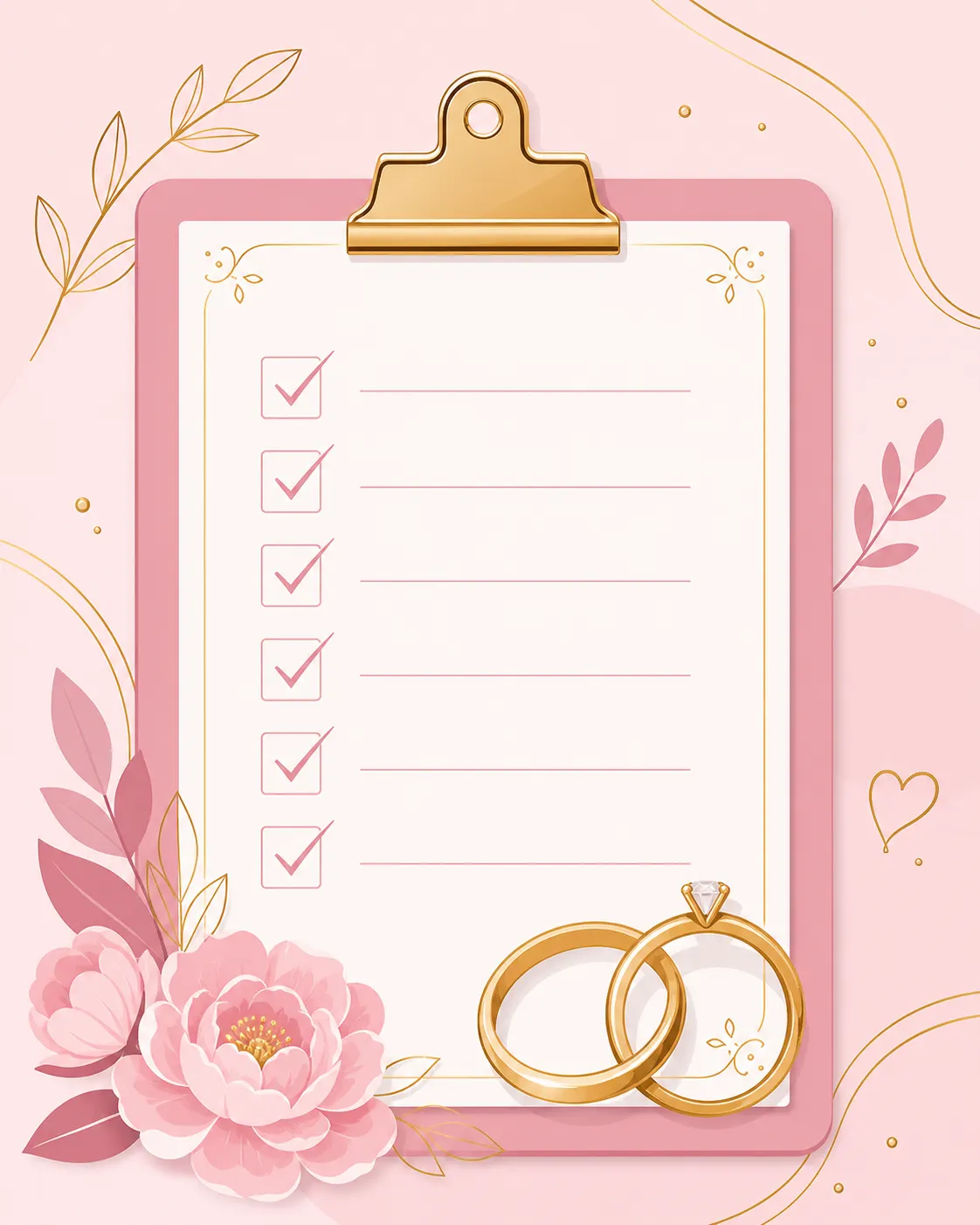 Stylized clipboard guest checklist with wedding rings, elegant gold lines, pink flat vector style illustration