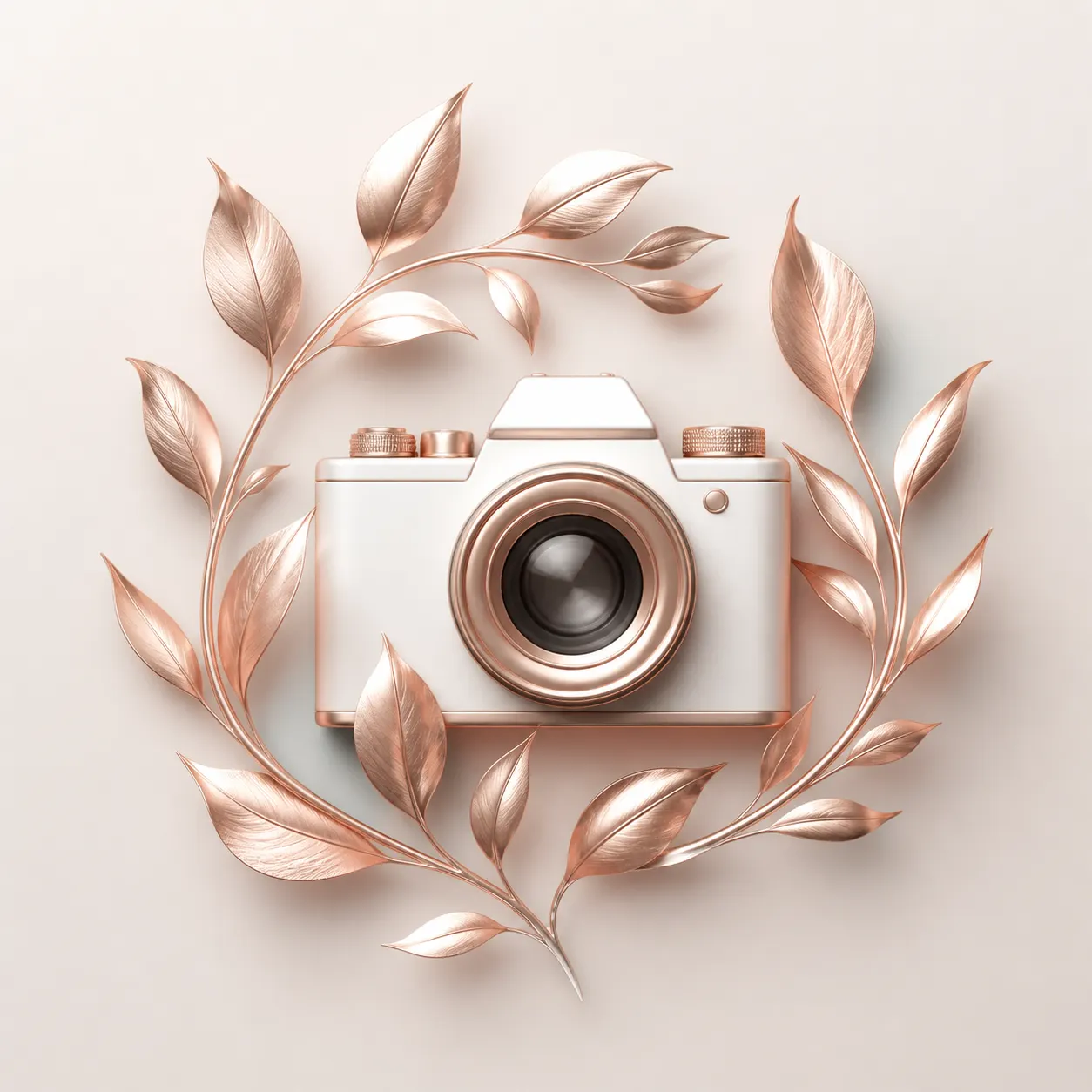 Aesthetic minimal camera icon wrapped with rose gold leaves, luxury elegant photo illustration