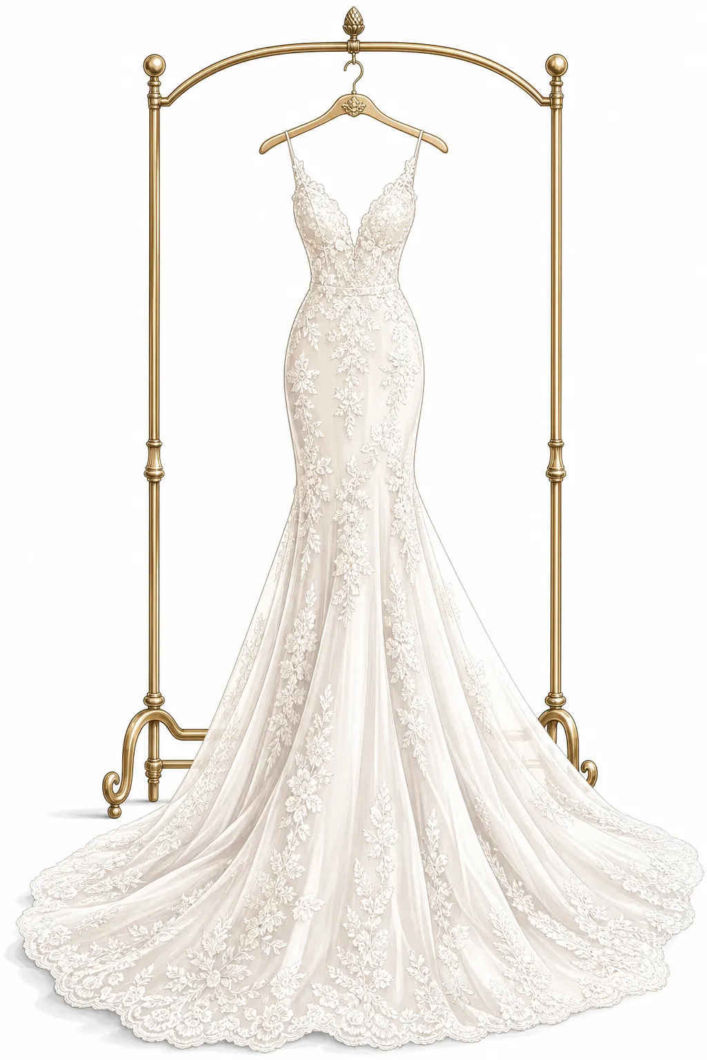Beautiful lace wedding gown hanging on a gold clothes stand, elegant vector fashion illustration