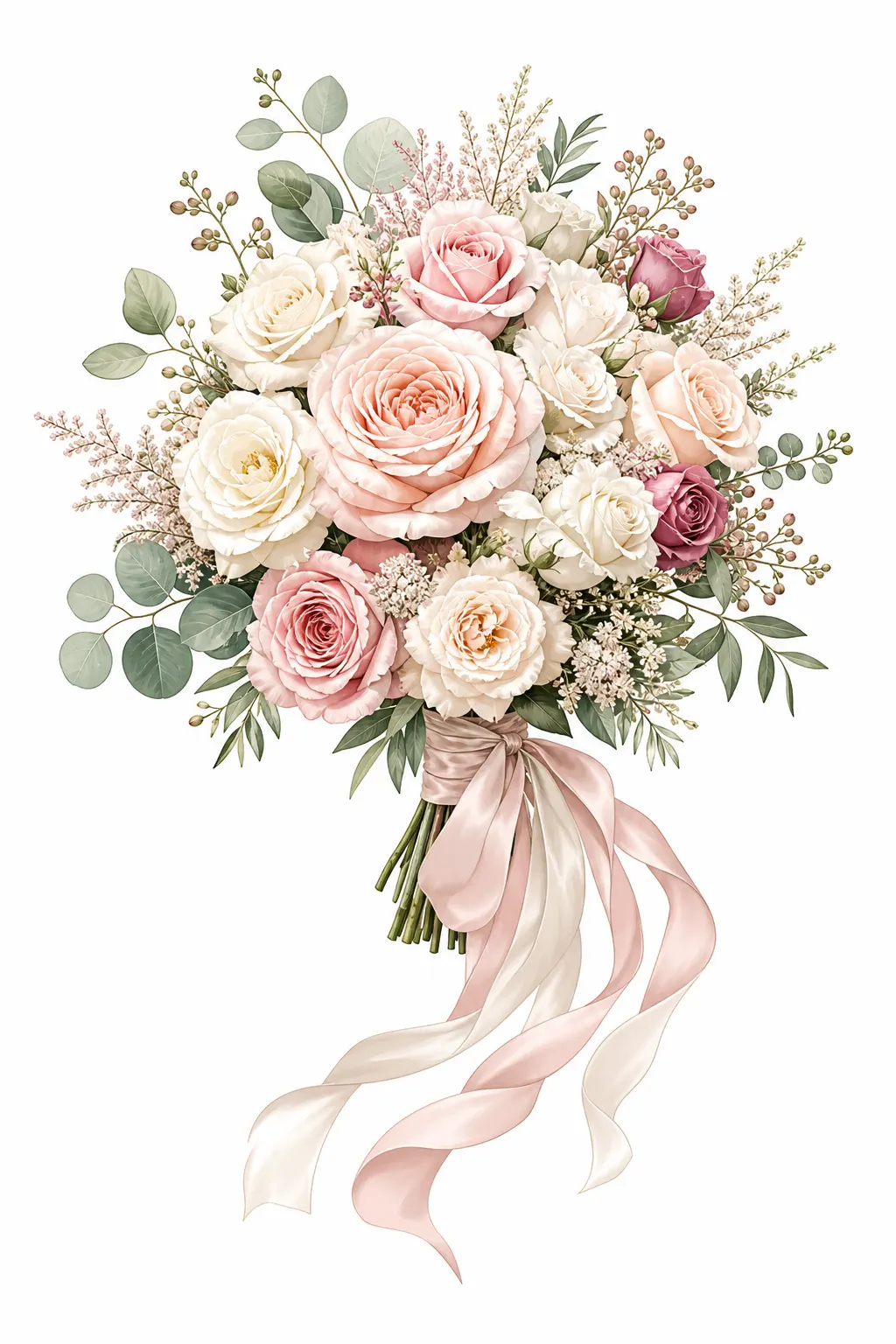 Beautiful bridal rose bouquet with silk ribbons, gorgeous elegant vector illustration
