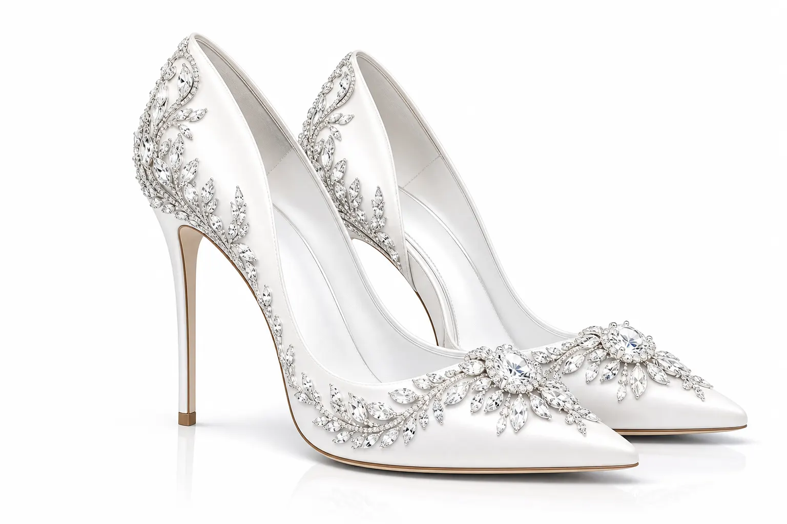 High luxury white wedding heels with sparkling diamonds, premium boutique vector design