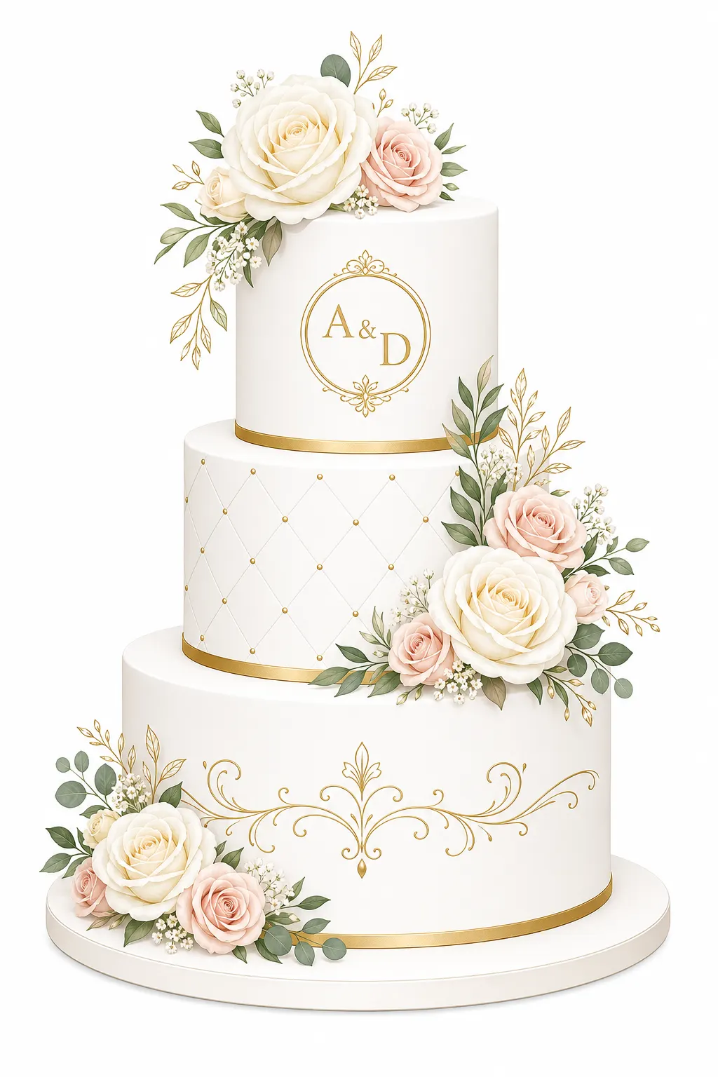 3-tier white luxury wedding cake with roses, flat vector illustration